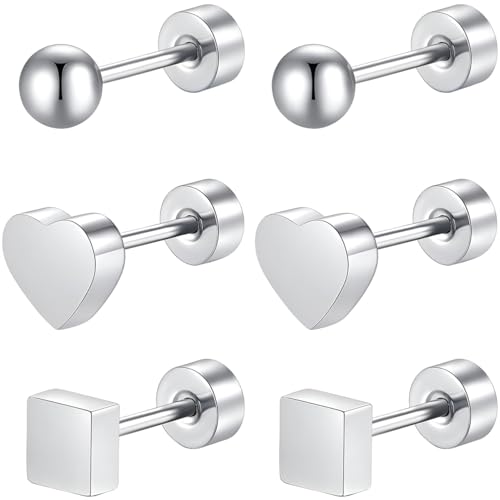 Edelstahl Kugel Platz Herz Ohrstecker Set 3 Paar Silber Ohrringe Helix Hypoallergene Flach Damenohrringe Ohr Schmuck Flatback Stud Earrings Jewelry für Damen Frauen von Jewlure