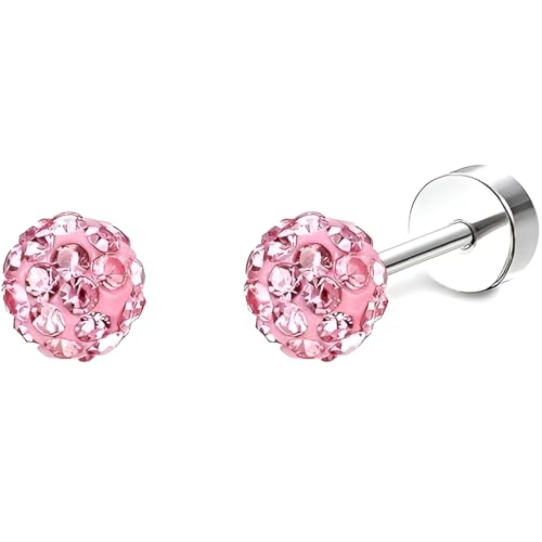 Edelstahl Kugel Rosa Zircon Ohrstecker 1 Paar Silber Ohrringe Helix Gesundheitsstecker Hypoallergene Flach Damenohrringe Ohr Schmuck Flatback Stud Earrings Jewelry für Damen Frauen von Jewlure