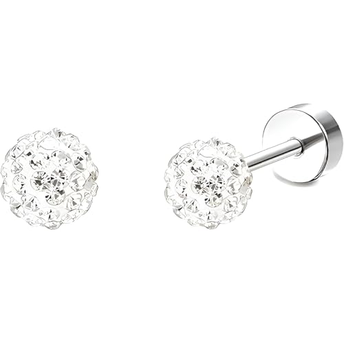 Edelstahl Kugel Weiß Zircon Ohrstecker 1 Paar Silber Ohrringe Helix Gesundheitsstecker Hypoallergene Flach Damenohrringe Ohr Schmuck Flatback Stud Earrings Jewelry für Damen Frauen von Jewlure