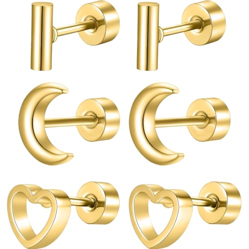 Edelstahl Mond Herz Zylinder Ohrstecker Set 3 Paar Gold Klein Ohrringe Helix Hypoallergene Flach Damenohrringe Ohr Schmuck Flatback Stud Earrings Jewelry für Damen Frauen von Jewlure