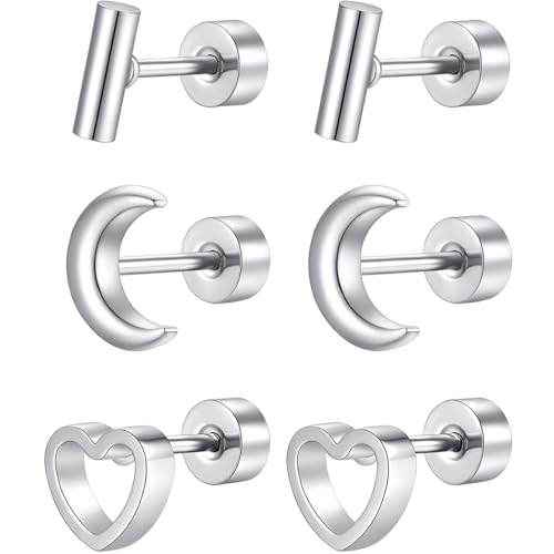 Edelstahl Mond Herz Zylinder Ohrstecker Set 3 Paar Silber Ohrringe Helix Hypoallergene Flach Damenohrringe Ohr Schmuck Flatback Stud Earrings Jewelry für Damen Frauen von Jewlure
