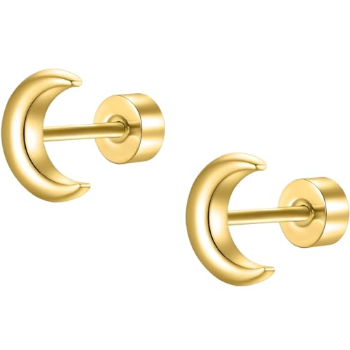 Edelstahl Mond Ohrstecker 1 Paar Gold Klein Ohrringe Helix Hypoallergene Flach Damenohrringe Ohr Schmuck Flatback Stud Earrings Jewelry für Damen Frauen von Jewlure