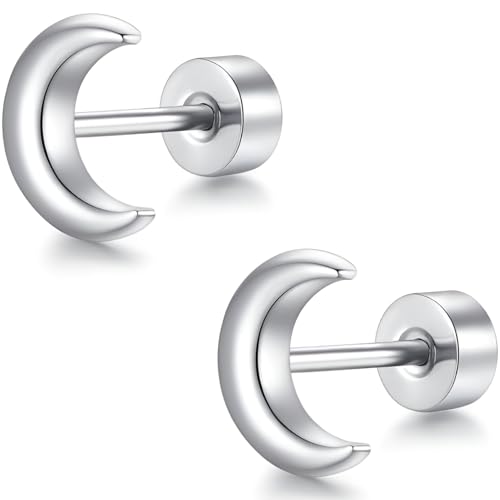 Edelstahl Mond Ohrstecker 1 Paar Silber Klein Ohrringe Helix Hypoallergene Flach Damenohrringe Ohr Schmuck Flatback Stud Earrings Jewelry für Damen Frauen von Jewlure