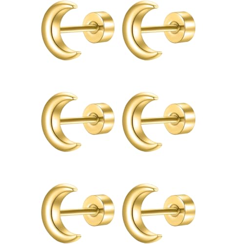Edelstahl Mond Ohrstecker Set 3 Paar Gold Klein Ohrringe Helix Hypoallergene Flach Damenohrringe Ohr Schmuck Flatback Stud Earrings Jewelry für Damen Frauen von Jewlure