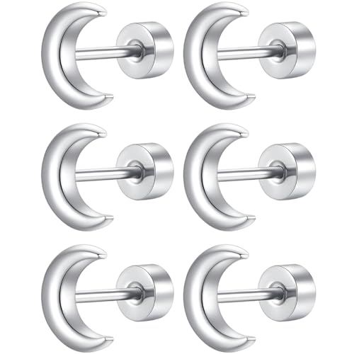 Edelstahl Mond Ohrstecker Set 3 Paar Silber Klein Ohrringe Helix Hypoallergene Flach Damenohrringe Ohr Schmuck Flatback Stud Earrings Jewelry für Damen Frauen von Jewlure