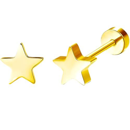 Edelstahl Pentagramm Ohrstecker 1 Paar Gold Klein Ohrringe Hypoallergene Helix Flach Ohr Schmuck Damenohrringe Flatback Stud Earrings Jewelry für Frauen Damen Herren von Jewlure