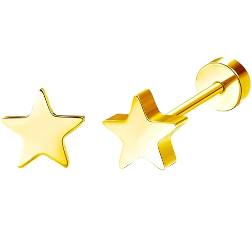 Edelstahl Pentagramm Ohrstecker 1 Paar Gold Ohrringe Helix Gesundheitsstecker Hypoallergene Flach Damenohrringe Ohr Schmuck Flatback Stud Earrings Jewelry für Damen Frauen von Jewlure