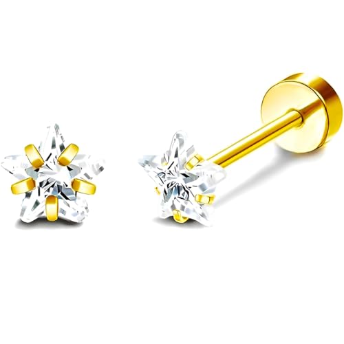Edelstahl Pentagramm Zirkon Ohrstecker 1 Paar Gold Klein Ohrringe Hypoallergene Helix Flach Ohr Schmuck Damenohrringe Flatback Stud Earrings Jewelry für Damen Frauen Herren von Jewlure