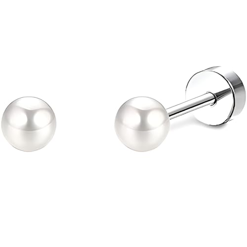 Edelstahl Perlen Ohrstecker 1 Paar Silber Ohrringe Helix Gesundheitsstecker Hypoallergene Flach Damenohrringe Ohr Schmuck Flatback Stud Earrings Jewelry für Damen Frauen von Jewlure