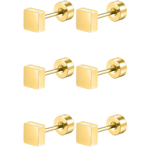 Edelstahl Platz Ohrstecker Set 3 Paar Gold Klein Ohrringe Helix Hypoallergene Flach Damenohrringe Ohr Schmuck Flatback Stud Earrings Jewelry für Damen Frauen von Jewlure