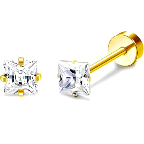 Edelstahl Platz Zirkon Ohrstecker 1 Paar Gold Klein Ohrringe Hypoallergene Helix Flach Ohr Schmuck Damenohrringe Flatback Stud Earrings Jewelry für Damen Frauen Herren von Jewlure