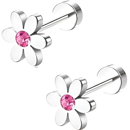 Edelstahl Rosa Gänseblümchen Ohrstecker 1 Paar Silber Ohrringe Helix Gesundheitsstecker Hypoallergene Flach Damenohrringe Ohr Schmuck Flatback Stud Earrings Jewelry für Damen Frauen von Jewlure