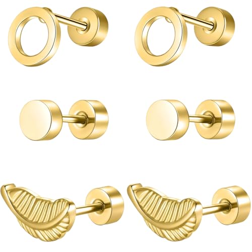 Edelstahl Rund Feder Hohles Ohrstecker Set 3 Paar Gold Klein Ohrringe Helix Hypoallergene Flach Damenohrringe Ohr Schmuck Flatback Stud Earrings Jewelry für Damen Frauen von Jewlure