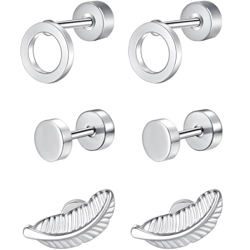 Edelstahl Rund Feder Hohles Ohrstecker Set 3 Paar Silber Ohrringe Helix Hypoallergene Flach Damenohrringe Ohr Schmuck Flatback Stud Earrings Jewelry für Damen Frauen von Jewlure