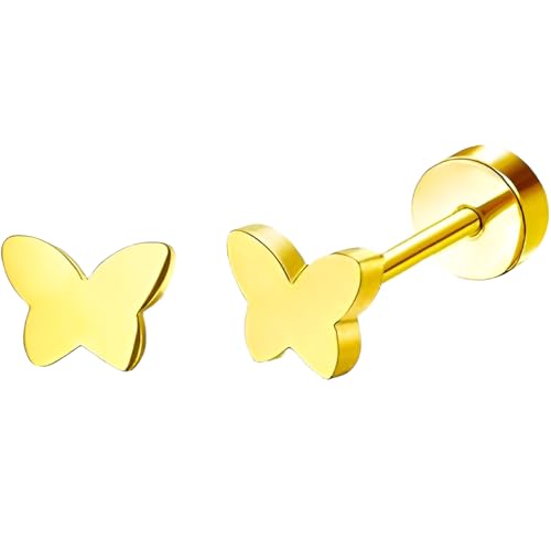 Edelstahl Schmetterling Ohrstecker 1 Paar Gold Klein Ohrringe Hypoallergene Helix Flach Ohr Schmuck Damenohrringe Flatback Stud Earrings Jewelry für Frauen Damen Herren von Jewlure