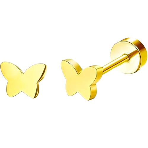 Edelstahl Schmetterling Ohrstecker 1 Paar Gold Ohrringe Helix Gesundheitsstecker Hypoallergene Flach Damenohrringe Ohr Schmuck Flatback Stud Earrings Jewelry für Damen Frauen von Jewlure