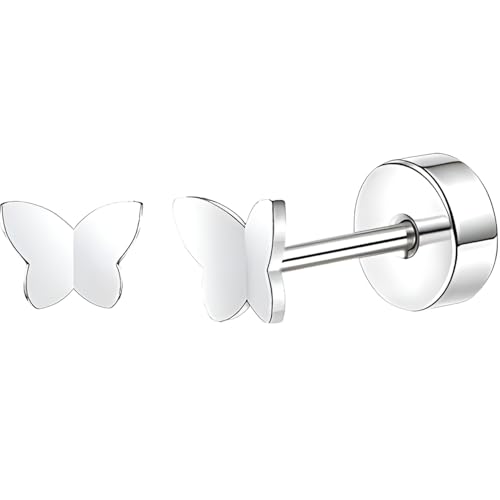 Edelstahl Schmetterling Ohrstecker 1 Paar Silber Ohrringe Helix Gesundheitsstecker Hypoallergene Flach Damenohrringe Ohr Schmuck Flatback Stud Earrings Jewelry für Damen Frauen von Jewlure