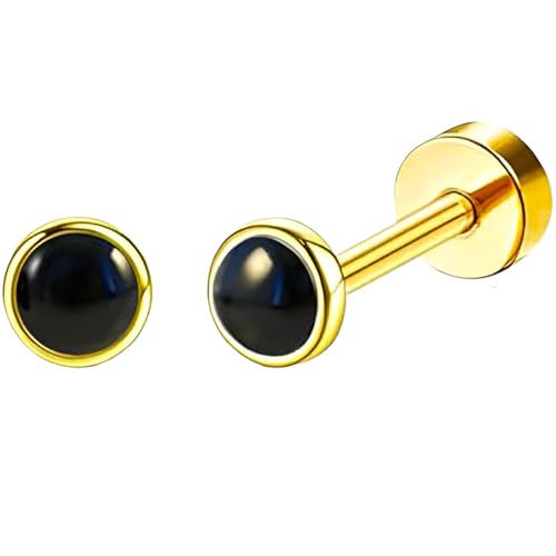 Edelstahl Schwarz Zirkon Ohrstecker 1 Paar Gold Ohrringe Helix Gesundheitsstecker Hypoallergene Flach Damenohrringe Ohr Schmuck Flatback Stud Earrings Jewelry für Damen Frauen von Jewlure
