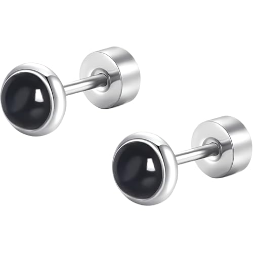 Edelstahl Schwarze-Stein Ohrstecker 1 Paar Silber Klein Ohrringe Hypoallergene Helix Flach Ohr Schmuck Damenohrringe Flatback Stud Earrings Jewelry für Damen Frauen von Jewlure