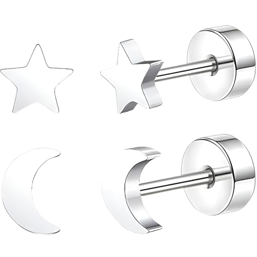 Edelstahl Stern und Mond Ohrstecker Set 2 Paar Silber Ohrringe Helix Gesundheitsstecker Hypoallergene Pentagramm Flach Damenohrringe Schmuck Flatback Stud Earrings Jewelry für Damen Frauen von Jewlure