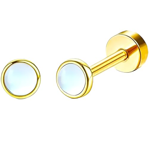 Edelstahl Weiß Opal Ohrstecker 1 Paar Gold Ohrringe Helix Gesundheitsstecker Hypoallergene Flach Damenohrringe Ohr Schmuck Flatback Stud Earrings Jewelry für Damen Frauen von Jewlure