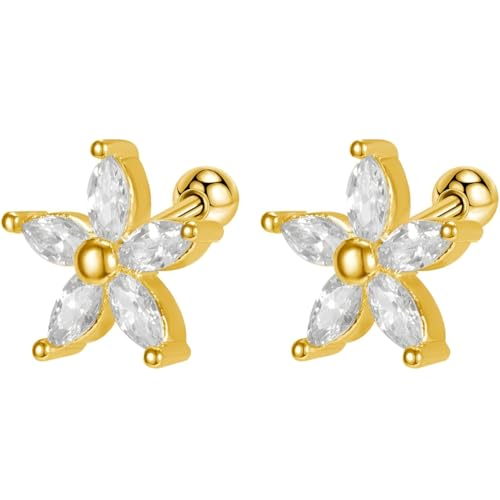 Edelstahl Zirkon Blumen Ohrringe 1 Paar Gold Helix Ohrstecker Gesundheitsstecker Hypoallergene Damenohrringe Ohr Schmuck Screwback Stud Earrings Jewelry für Damen Frauen Herren von Jewlure