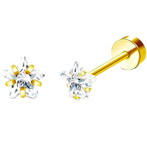 Edelstahl Zirkon Pentagramm Ohrstecker 1 Paar Gold Ohrringe Helix Gesundheitsstecker Hypoallergene Flach Damenohrringe Ohr Schmuck Flatback Stud Earrings Jewelry für Damen Frauen von Jewlure