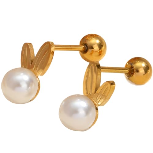 Perlen Ohrringe 1 Paar Gold Kaninchen Perlenohrringe Titan Hasen Ohrstecker Damenohrringe Perlenohrstecker für Damen Frauen Hypoallergen Schmuck Earrings Jewelry Perlenschmuck von Jewlure