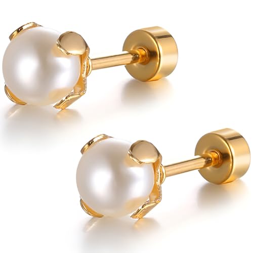 Titanstahl Perlen Ohrpiercing 1 Paar Damenohrringe Helix Flach Back Perlenohrringe Klein Ohrstecker Piercing Knorpel Ohrringe für Herren Damen Mehrere Ohrlöcher Hypoallergen Earrings Tragus Schmuck von Jewlure