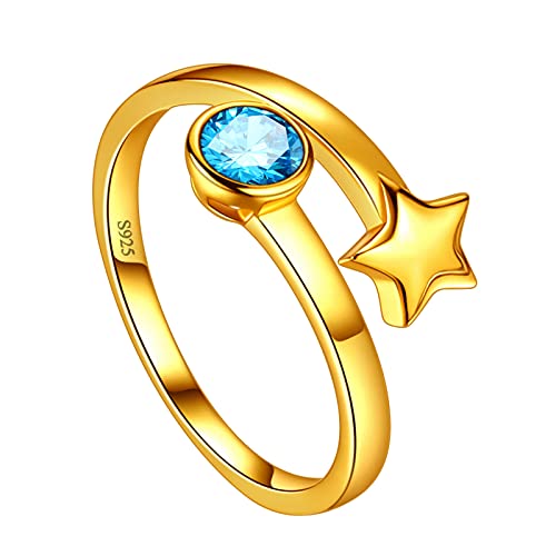 18 Karat vergoldeter runder Geburtsstein Ring März Geburtsstein CZ Aquamarin Ring für Frauen 925 Sterling Silber März Geburtstagsring Geschenk für ihre verstellbaren Mädchen Ring Schmuck FR021M-Y von Jewmon