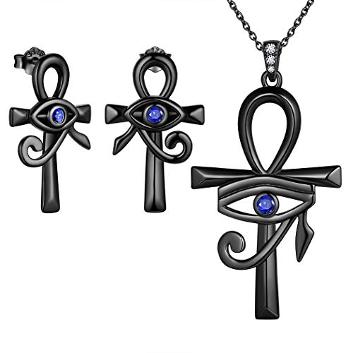 Ankh Kreuz Auge von Horus Halskette Ohrringe Schmuck Set für Herren Damen 925 Sterling Silber Schwarz Metall Horus Auge von Ra Ankh Kreuz Halskette Ohrringe Set Blackgun Herren Modeschmuck FS0125K von Jewmon