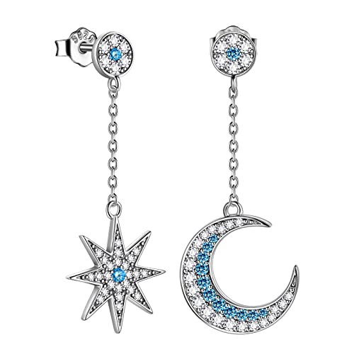 Blau Weiß Zirkonia Stern Mond Asymmetrische Ohrstecker Ohrringe 925 Sterling Silber Halbmond Stern Piercings Ohrringe für Frauen Mädchen Mond Sterne Schmuck Damen für Muttertag Geburtstag FE0125B von Jewmon