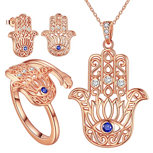 Böser blick Hamsa Hand Halskette Fatima Hand Ohrstecker blaues Auge Hamsa Hand Verstellbarer Ring 925 Silber Rose Vergoldet Vintage Fatima Hamsa Hand viel Glück Schutz Schmuckset Geschenk FS0191R von Jewmon