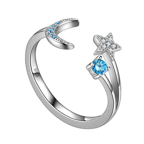 Damenring Mond Sterne Verstellbar Promise Stapelring Eheringe Ring 18 Karat Weißgold über 925 Sterling Silber Weißer blauer Zirkonia Trauringe Damen Schmuck Geschenk für Mama Tochter Freunde FR55W von Jewmon