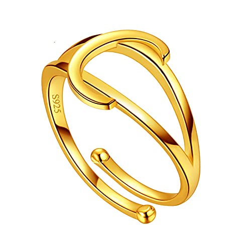 Jewmon 18k vergoldet personalisierte Buchstaben Ring für Damen Mädchen 925 Sterling Silber Cool Offener Band Ring mit Großbuchstaben C verstellbare Fingerringe Partnerring Schmuck FR0015C-Y von Jewmon