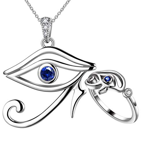 Jewmon Auge des Horus Schmuck Set Hochzeit Verlobungsschmuck 925 Sterling Silber Ägyptisches Horus Auge Halskette Einstellbarer Ring Spiritueller Schutz Schmuck Set Geburtstag FS0003W von Jewmon