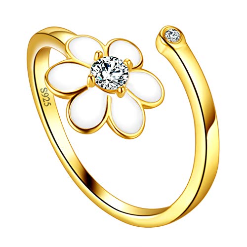 Jewmon Damen-Ring 18 Karat vergoldeter weißer Emaille Gänseblümchen Band Ring 925 Sterling Silber Verstellbarer Gänseblümchen-Blumenring Frauen Boho-Schmuck Schmuck Jubiläumsgeschenk FR0001Y von Jewmon