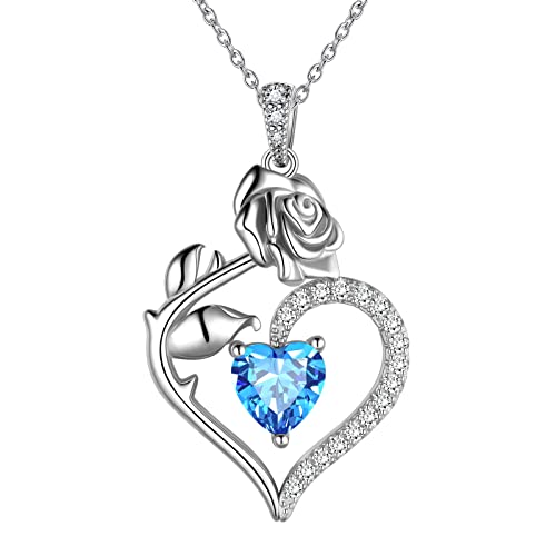 Jewmon Halskette Damen Rose Blume Halskette Herz Geburtsstein Kette für Frauen Mädchen 925 Sterling Silber Zirkonia Aquamarin März Geburtsstein Halskette Feiner Schmuck Geschenk für Sie Mama FP219M von Jewmon