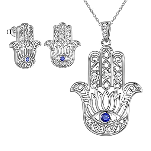 Jewmon Hamsac Hand böser blick Halskette Ohrringe Set Glück Schmuck Geschenk für Frauen Mädchen Weihnachten Sterling Silber Fatima Hand Lotus Yoga Halskette Evil Eye Amulett Schmuck Geschenk FS0143W von Jewmon