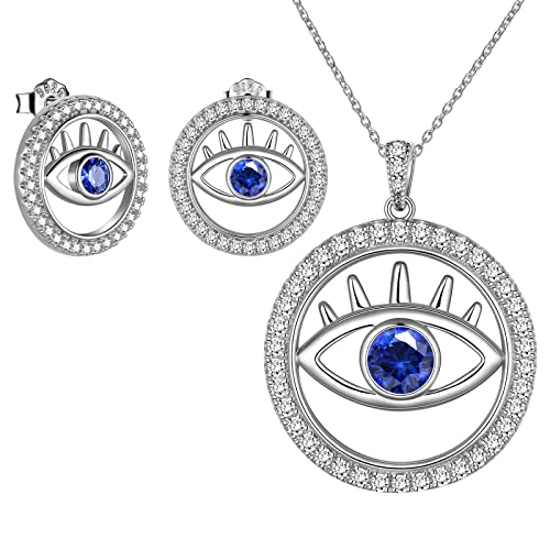 Jewmon Luckily Evil Eye Ohrringe Halskette Set für Damen Mädchen Sterling Silber Weißer blauer Zirkonia türkisches auge Amulett Symbolic Evil Eye Schmuck Geschenk for weihnachten valentinstag FS0145W von Jewmon