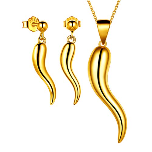 Jewmon Lucky Italian Horn Schmuck Set Beste Geschenkidee 925 Sterling Silber 18 Karat vergoldet Italienisches Horn Halskette und Ohrringe Set für Frauen Mädchen FS0061Y von Jewmon