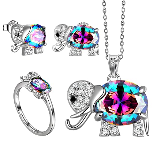 Jewmon Regenbogen Mystic Topas Elefant Anhänger Halskette Ring Ohrringe 3er Set Weihnachtstag Schmuck Geschenk für Frauen Weißgold gefüllt über Sterling Silber Kristall Elefant Schmuck Set FS0195T von Jewmon