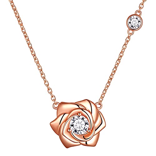 Jewmon Rose Vergoldet Nette Blume Rose Halskette für Mädchen Damen 925 Sterling Silber Rose Blume Halskette Damen Schmuck Geschenk für Ehefrau Freundin Geburtstag Jahrestag FP0190R von Jewmon