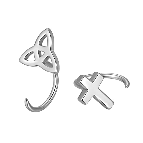 Ohrringe Creolen Damen Asymmetrisches Kreuz und keltischer Knoten halboffene Huggie Ohrringe 925 Sterling Silber Mini Knorpel Ohrringe Kleiner Huggy Hoop für Damen Geburtstag Jubiläum FE0196W von Jewmon