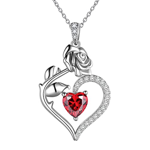 Rose Blume Herz Halskette Januar Geburtsstein Granat Halskette Sterling Silber Geburtsstein Halskette Januar Geburtstagsgeschenk Weihnachtstag Schmuck Geschenke für Frauen Mädchen Schwestern FP0219J von Jewmon