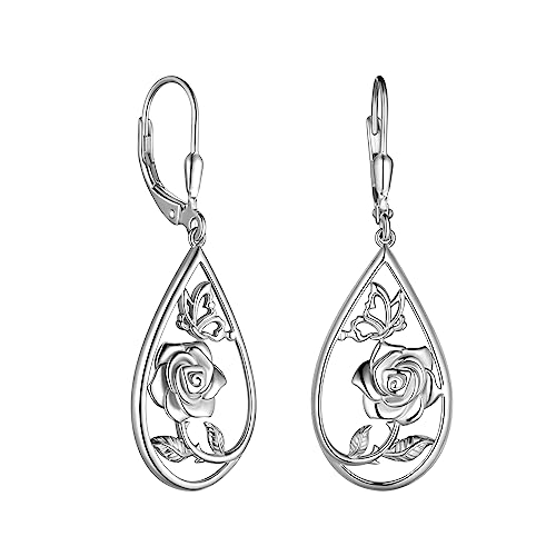 Schmetterling Rose Blume Ohrringe Frauen 925 Sterling Silber Rose Blume baumelnde Ohrringe Schmetterling Wassertropfen Ohrringe Elegante Hochzeitsohrringe Geschenke für ihren Geburtstag FE0214W von Jewmon