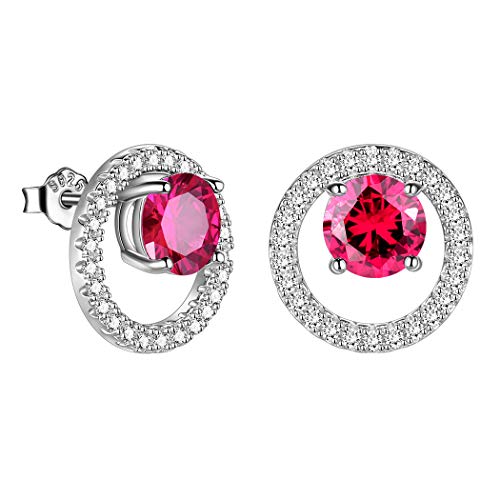 Silber Damen-Ohrringe Ohrstecker rund mit Geburtsstein Lab Ruby rot für Frauen und Mädchen 925 Sterling Silber Juli Birthstone Ohrstecker für Damen Geburtsstein Ohrringe FE0115R von Jewmon