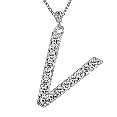 Simulierte Diamant Initial Halskette Hochzeit Anhänger Halskette Buchstabe V Halskette 925 Sterling Silber mit platiniertem Alphabet Anhänger Halskette mit Kette Geschenk für Frauen Mädchen FP0156V von Jewmon