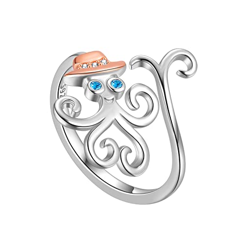 Tier Ring Damen Einstellbarer Oktopus Ring Roségold über 925 Sterling Silber zwei Töne Octopus Offener Ring süß Tier Schmuck für Frauen Mädchen Schwestern Freunde Geburtstag Weihnachten FR0065T von Jewmon