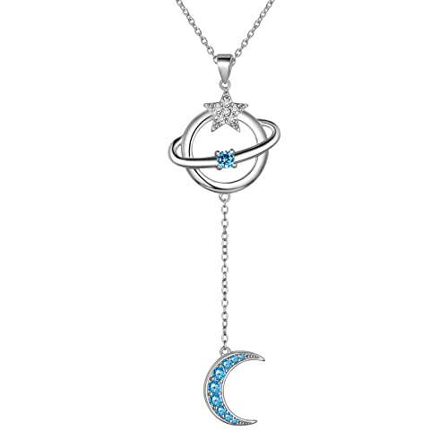 Universum Planet mond und Stern Halskette Elegante Hochzeitshalskette Schmuck 18 Karat Weißgold überzogen über 925 Sterling Silber Weiß Blau Zirkonia Halbmond Schmuck für Frauen Mädchen FP0197W von Jewmon